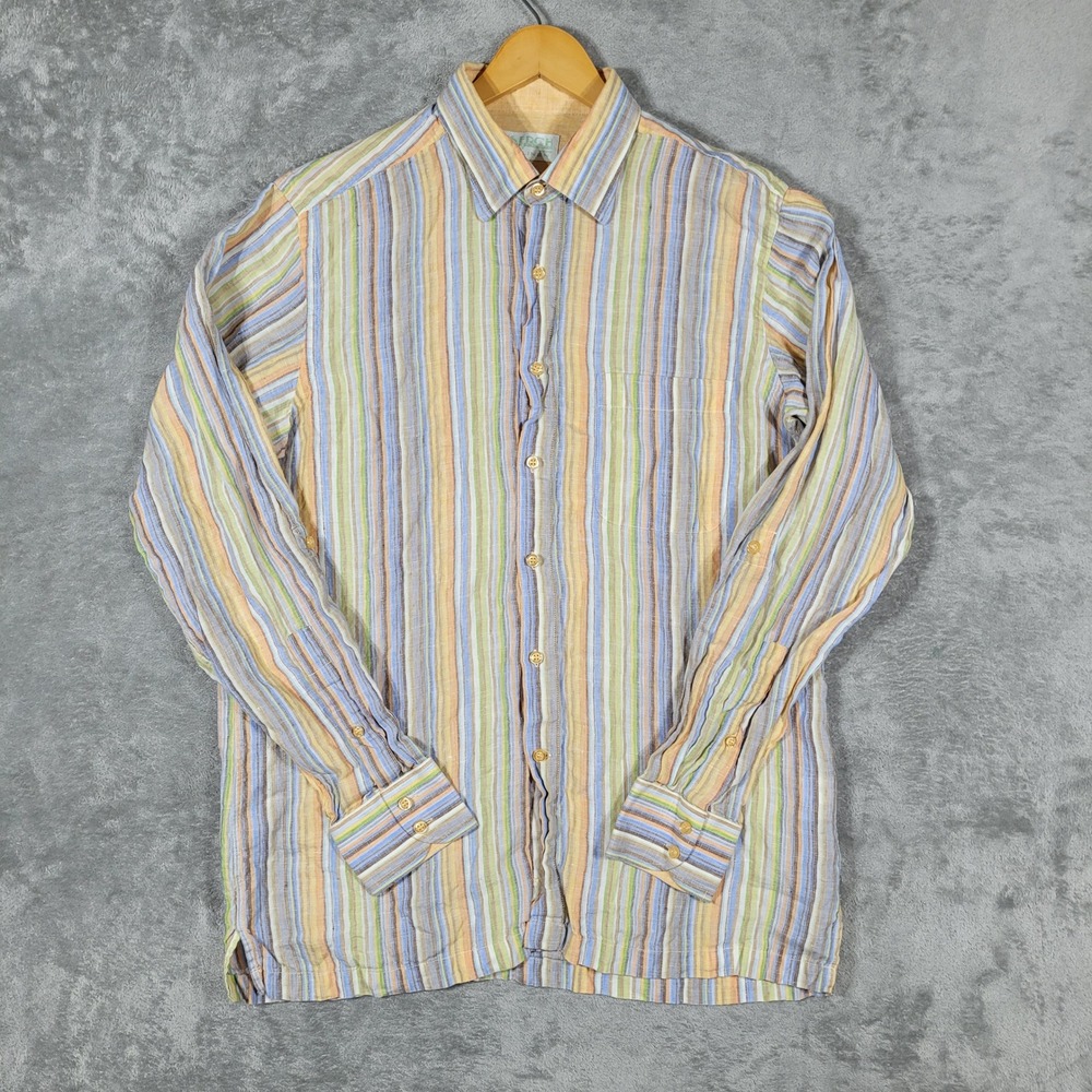 Inserch Shirt Mens Large Button Up 100% Linen Multi Color Striped Grandpa